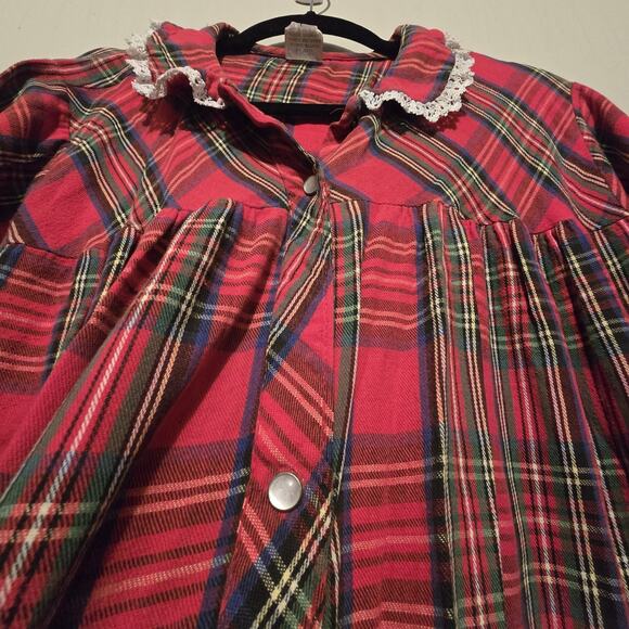 Vintage 70s 80s Carole Plaid Flannel Nightgown Women 1X Red USA Pearl Snap Lace - Picture 5 of 12